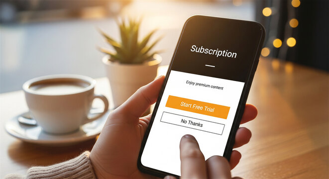 Digital subscription service on smartphone screen, hand holding mobile phone with free trial offer, online membership signup at a cafe