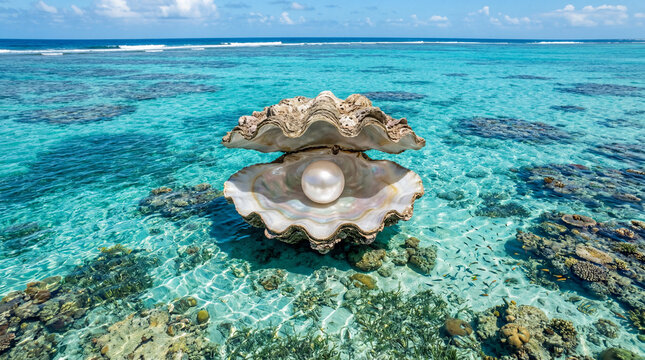 Giant open clam shell with large white pearl in crystal clear water