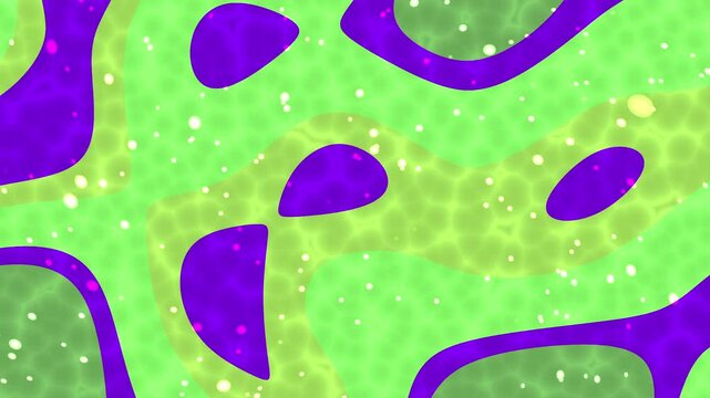 Abstract background with organic green and purple fluid shapes resembling microscopic cells or liquid patterns.