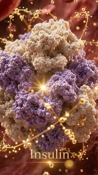 Insulin hormone molecule concept in 3d medical illustration showing structure and interaction in bloodstream related to diabetes treatment research biological protein function for health care science