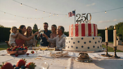 Family and friends celebrate american independence day with patriotic cake outdoors at sunset, string lights illuminate garden party.