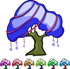 Naklejka premium Fantasy tree with flowing light blue canopy, purple accents and glowing orbs, evoking an enchanted, whimsical forest scene perfect for fairytale, game or children's art