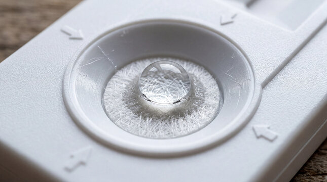 Macro shot of liquid drop on medical diagnostic rapid test device kit
