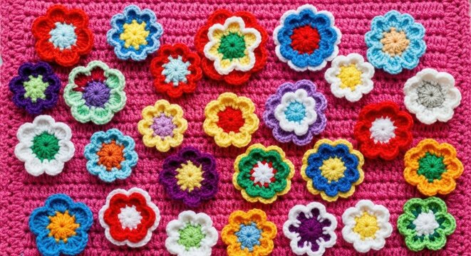 Colorful crochet flowers arranged on pink background