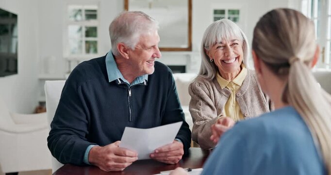 Elderly, handshake or happy couple with nurse for deal, contract or healthcare plan in nursing home. Senior, man and woman shaking hands with caregiver or documents for agreement or health insurance