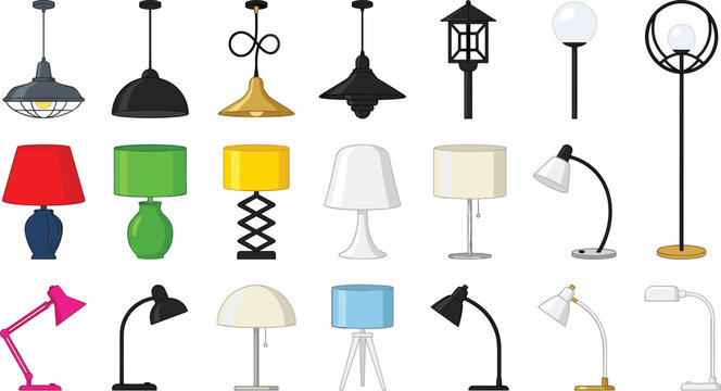 Modern interior lighting lamps vector illustration collection featuring ceiling pendant fixtures office desk lamps bedside table lamps and outdoor street lanterns isolated on white background.