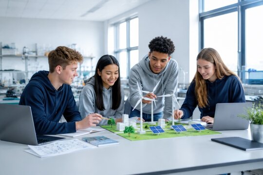 Group of high school students working together on a school project in classroom