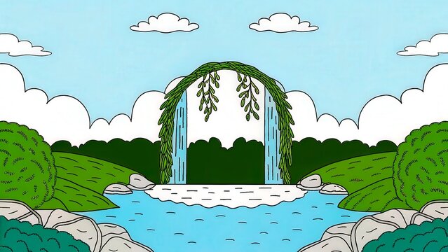Waterfall flows down between green trees in a clear blue sky during a sunny day near a river