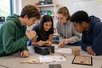 Fototapeta premium Group of high school students working together on a school project in classroom