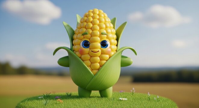 Cute cartoon corn cob character standing in field