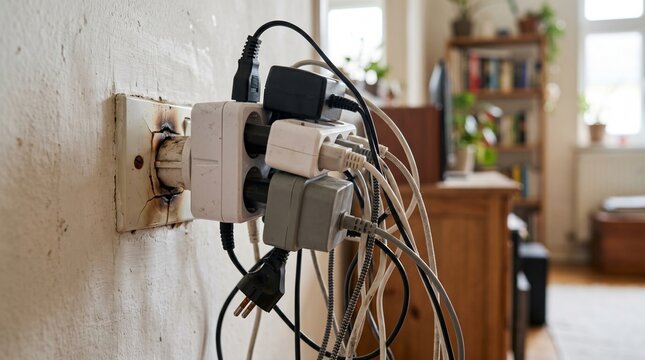 Overloaded electrical wall outlet with many plugs and burning scorch marks. Dangerous power strip wire mess representing household safety hazard risk in living room environment.
