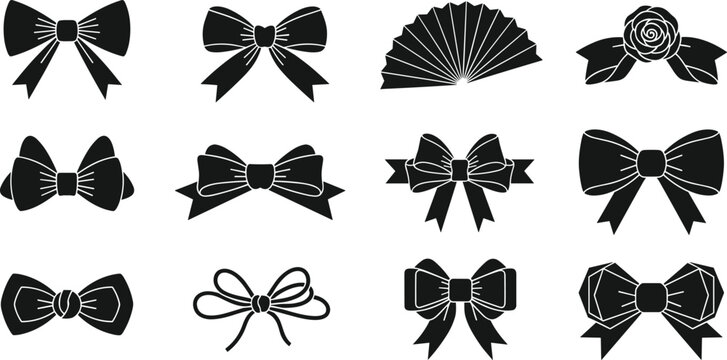 Decorative ribbon bow silhouette vector set with black shapes of gift knots, fashion accessories, rose detail, and folding hand fan for festive packaging and greeting card designs