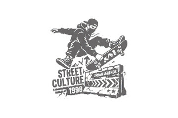 Street culture sticker with skateboarder performing trick on urban legend box © AKHI