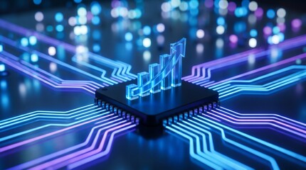 Fototapeta premium Dynamic visual of a microchip fostering digital growth, illuminated by intricate circuit lines, symbolizing data analysis, technological progress, and future innovation