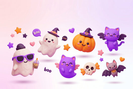 cute 3d clay style halloween elements set with ghost pumpkin bat and cat isolated on pastel background