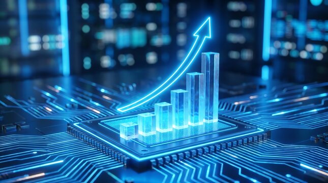 Digital Innovation and Exponential Financial Growth Concept Displayed on a Glowing Futuristic Computer Processor Circuitry Board