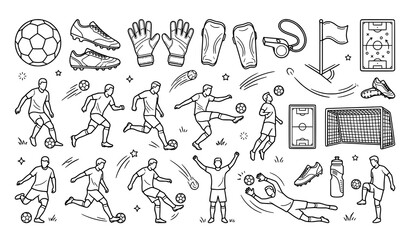 Soccer illustration set players equipment and field elements in doodle style © Mstshneha