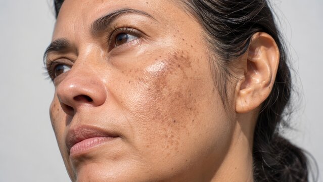 Close-up of woman with natural skin texture and pigmentation looking thoughtfully away from camera