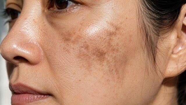 Close up of woman face with uneven skin tone and dark spots on cheek in natural light