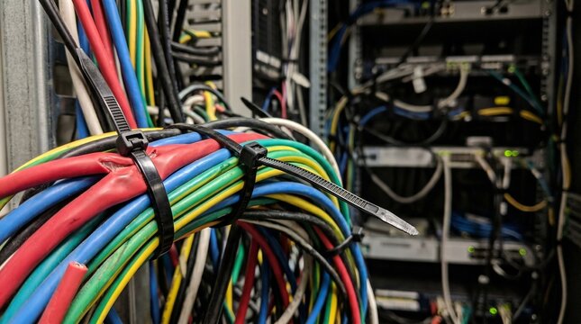 Network ethernet cables bundled with zip ties in server room rack. High-speed internet data connections and structured cabling infrastructure inside modern telecommunications data center