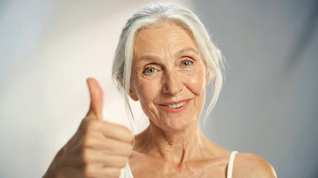 A smiling mature woman gives a positive thumbs up gesture