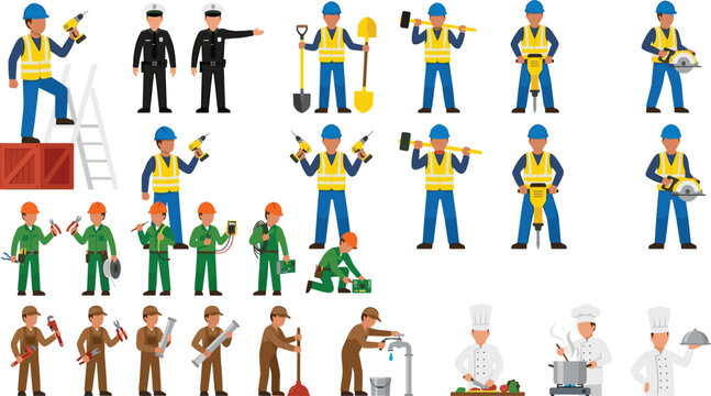 Diverse professional workers vector cartoon character collection featuring construction builders police officers electricians plumbers and restaurant chefs isolated on white background.