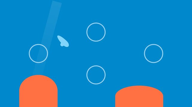 Abstract 2D Animation of Floating Bubbles and Orange Shapes on Blue Background.