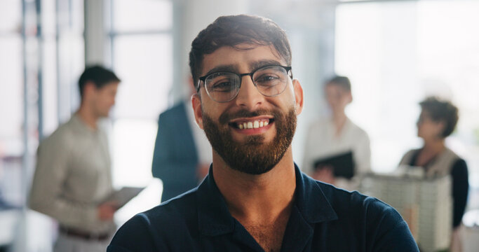 Property development, portrait or man in office with glasses, about us or pride in site planning. Happy, meeting or architect in agency with eyewear, confidence or career growth as project engineer.