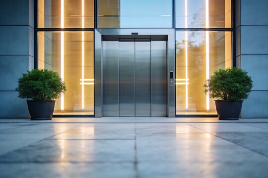 Contemporary elevator bank featuring glass, steel, and luxury architectural elements inside a modern corporate building, showcasing elegance, urban sophistication, and design innovation.