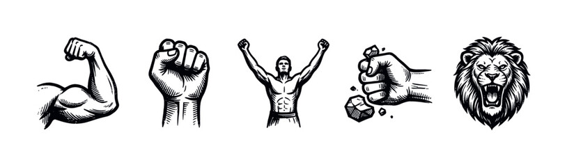 Obraz premium Set of five black and white hand-drawn illustrations depicting strength, power, and determination on a clean white background