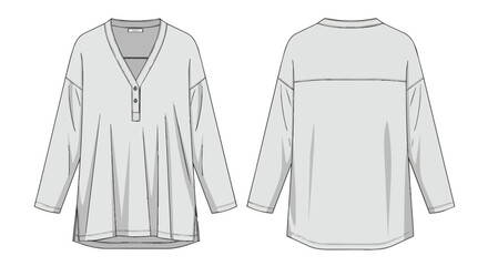 Naklejka premium Women's Long Sleeve Henley Tunic Shirt Technical Flat Sketch with V-neck and Front Buttons Fashion Template