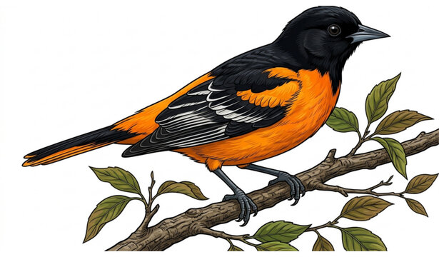 Baltimore oriole bird perched on branch vector illustration isolated on white background