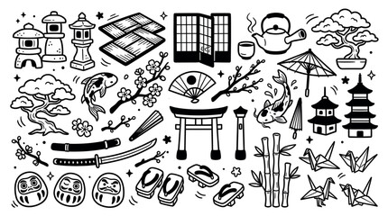 Fototapeta premium Comprehensive collection of traditional Japanese culture and travel icons, rendered in a clean black and white doodle style on a white background