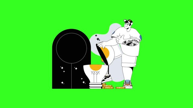 Animated character interacts with creative lightbulb concept in this flat vector style motion graphic video