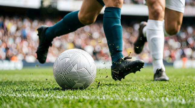 Close up of soccer players feet fighting for ball on green grass pitch inside stadium during match