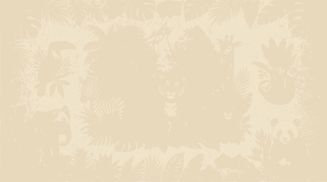 Jungle Safari Silhouette Border with Tropical Leaves and Wildlife on Beige Background