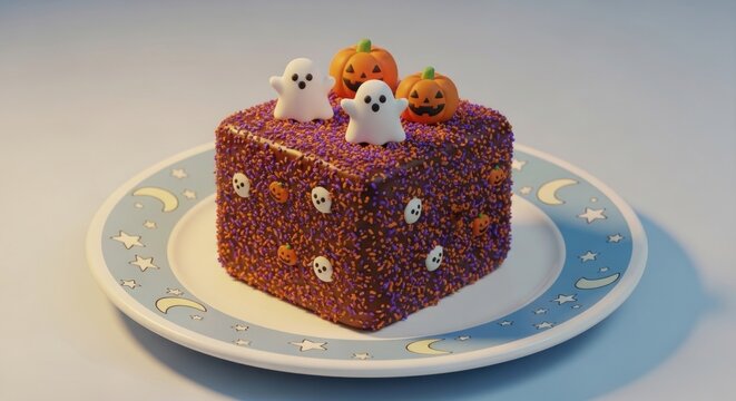 Halloween square cake with mini ghosts and pumpkins.