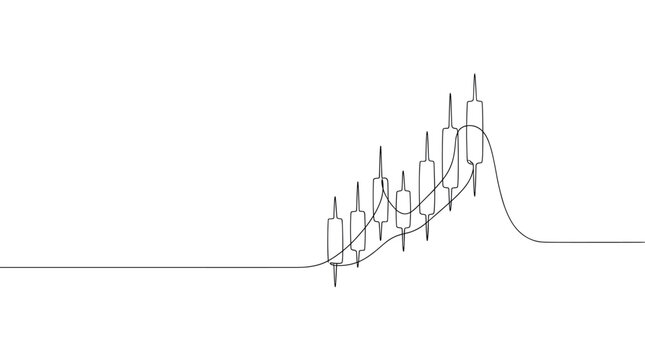 Continuous one line drawing of a financial candlestick chart with an upward trend and a smooth curve on a white background