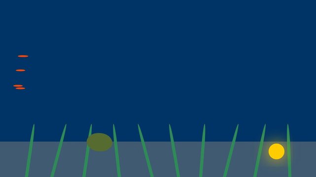 Abstract 2D Animation Featuring Moving Shapes and Grass Blades.