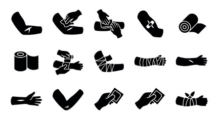 Obraz premium Various black silhouette icons illustrate first aid procedures, including cleaning wounds, applying bandages, and wrapping injured limbs on a clean white background