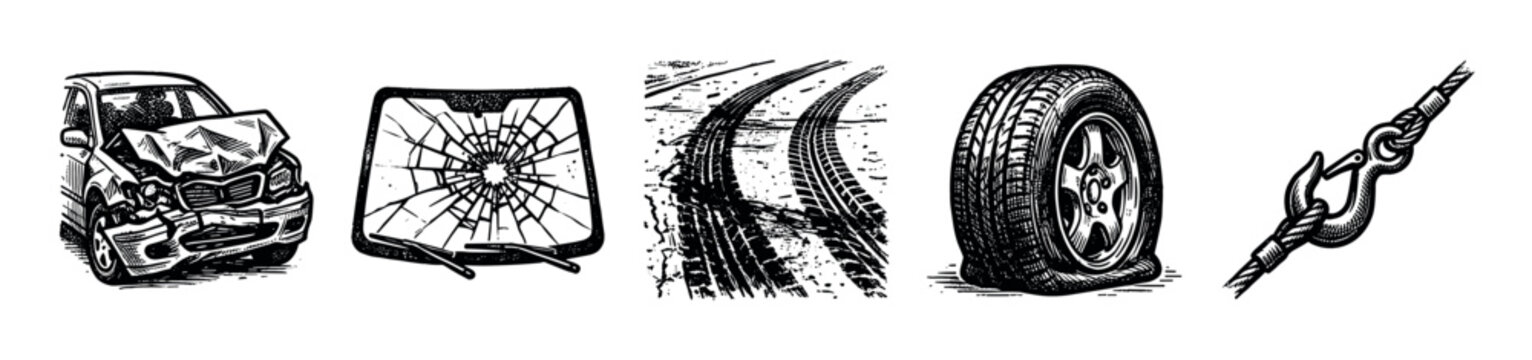 Collection of car accident and road safety related illustrations, including a crashed vehicle, broken windshield, tire tracks, flat tire, and tow hook, rendered in a vintage engraving style