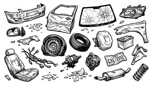 Various damaged car parts, including a broken windshield, crumpled bumper, and flat tire, are scattered on a clean white background in a detailed line art style