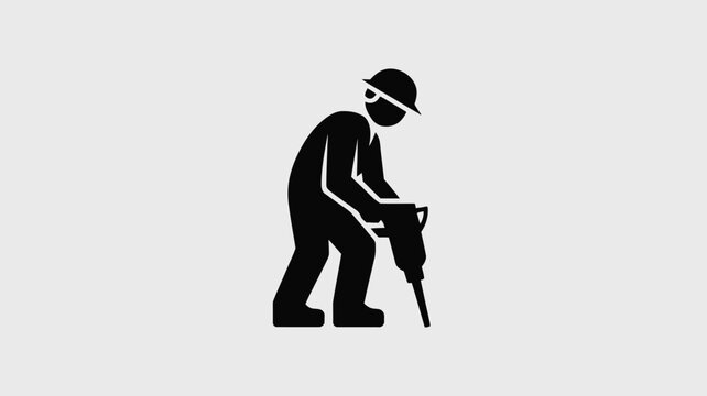 Worker wearing a hard hat operates a heavy jackhammer in this simple black and white silhouette graphic.