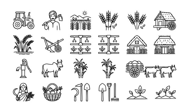 Indian agriculture icon set vector with farming tools crops and rural elements