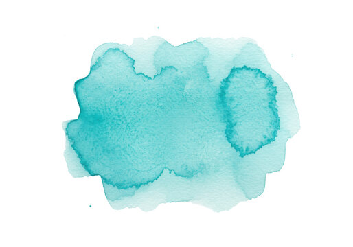 Abstract watercolor brushstroke, teal, aqua, cyan. Macro texture scan showing pigment granulation and feathered edges on white background, copy space. Concept of fine art detail