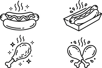 Fast Food Icon Set with Hot Dog Fried Chicken Drumstick and Mustard Line Art © MstBabli