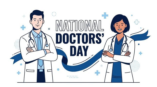Medical workers line art design for national doctors day celebration.