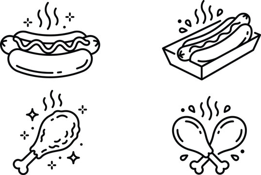 Fast Food Icon Set with Hot Dog Fried Chicken Drumstick and Mustard Line Art