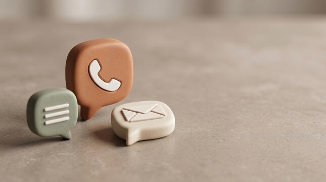 3d communication icons representing customer support with phone call message and email symbols on a smooth neutral textured surface for business contact