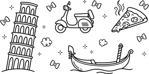 Italy Travel Doodle Icon Set with Leaning Tower Pisa Scooter Pizza and Gondola © MstBabli